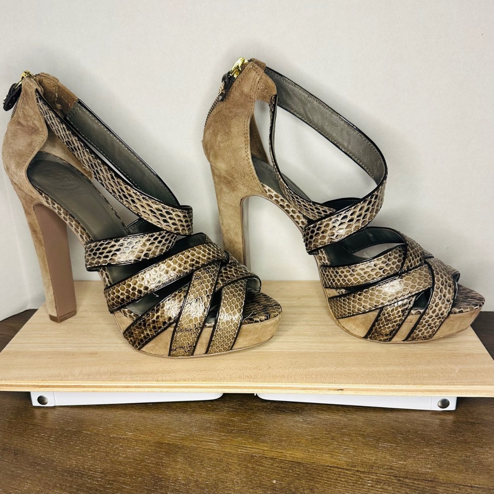 Tory Burch Venice Snakeskin Suede Platform Strappy Heels Tan‎ Brown 7.5M Exotic